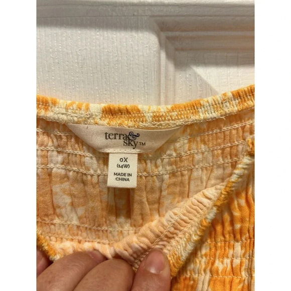 Terra Sky Fit & Flare Flutter Sleeve Smocked Dress‎ Sz 14 0X Orange White Floral - Picture 6 of 11